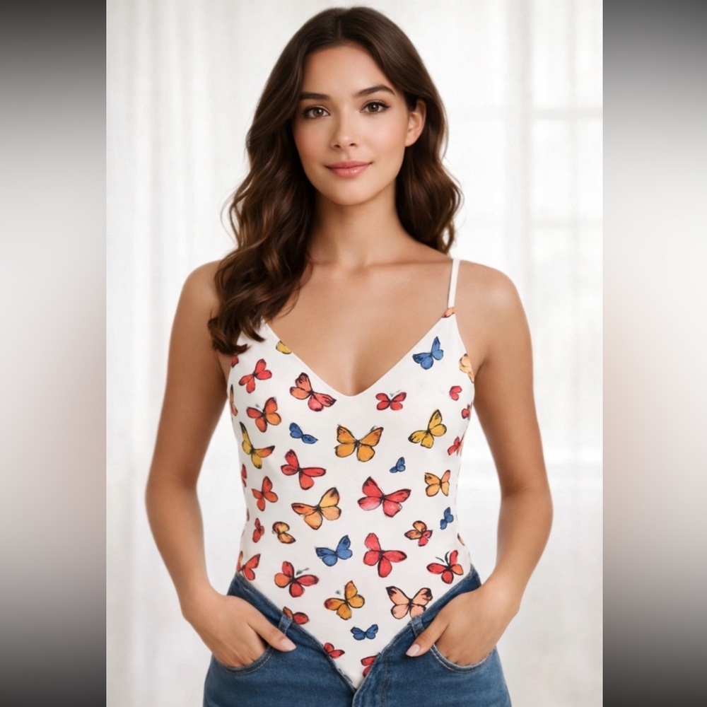 Gaze Colorful Butterfly Print Bodysuit, XS